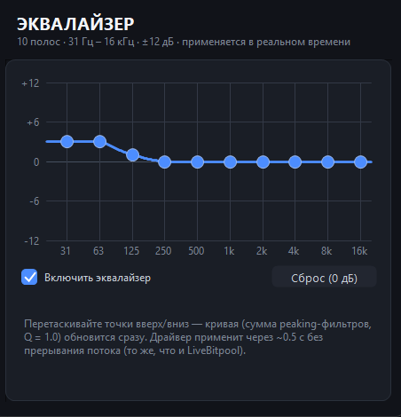 Окно эквалайзера Custom A2DP Config на 10 полос с лимитером запаса и управлением битпулом