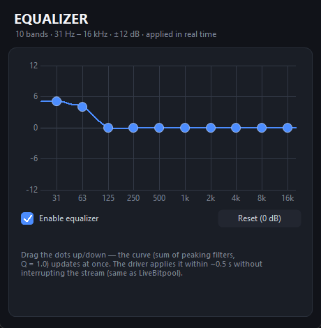 Custom A2DP Config 10-band equalizer window with headroom limiter and live bitpool control