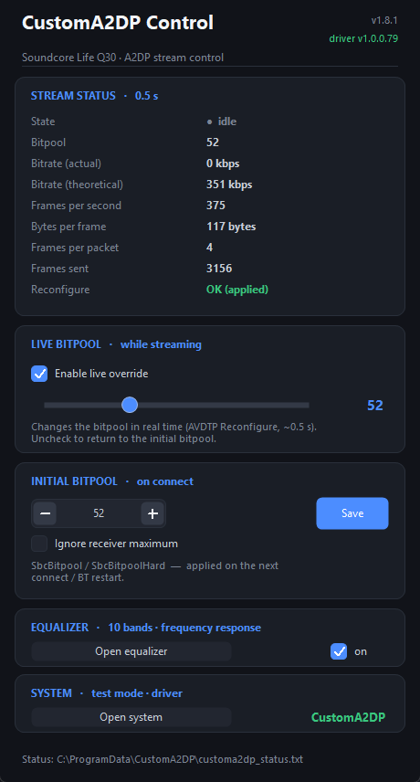 Custom A2DP Config window: driver version, active A2DP endpoint and live stream status